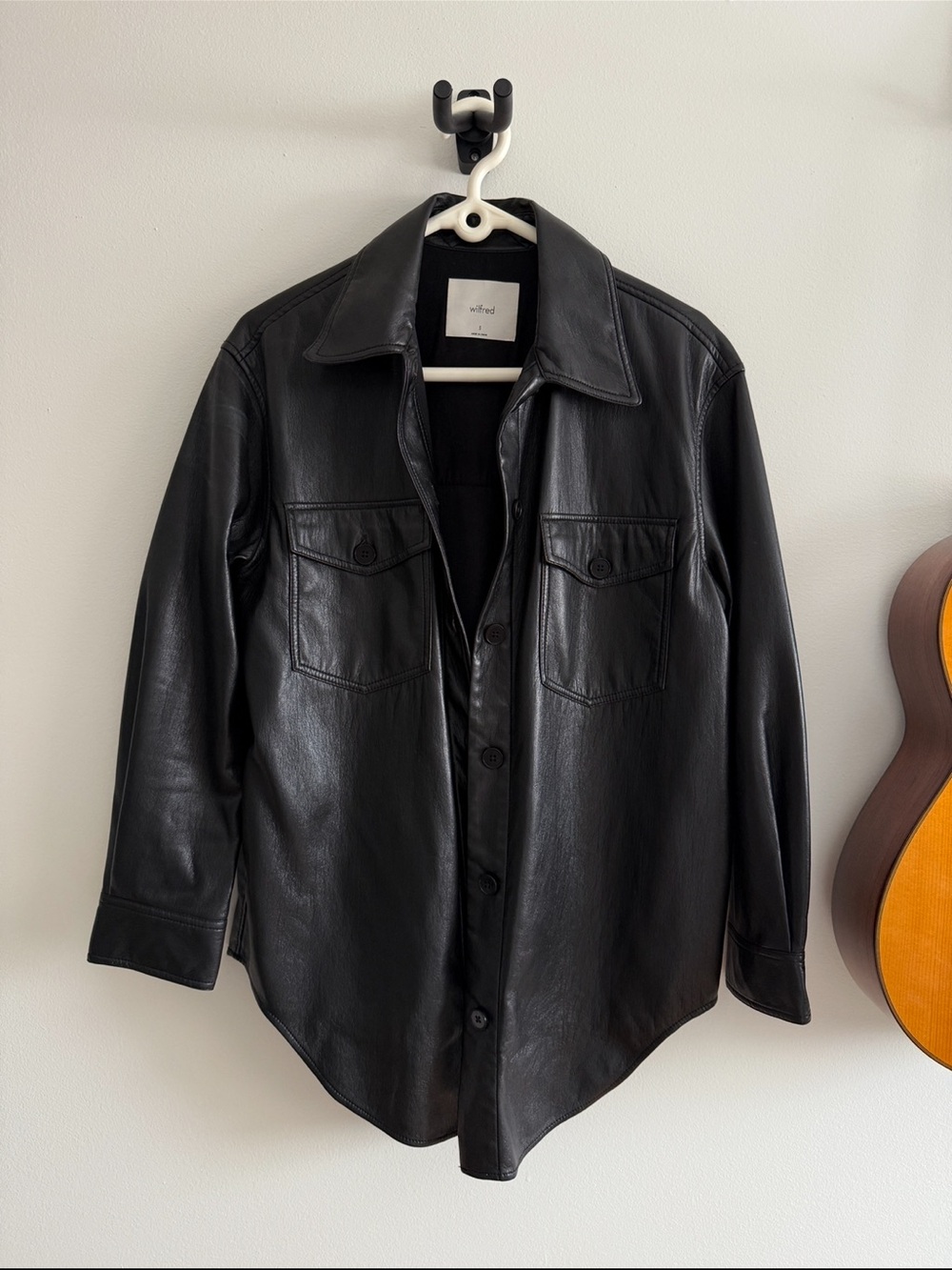 Wilfred Black Leather Shirt Jacket with Chest Flap Pockets